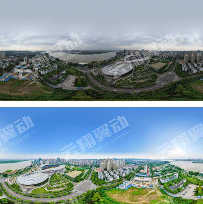 遂宁市体育中心VR原图与成果效果对比